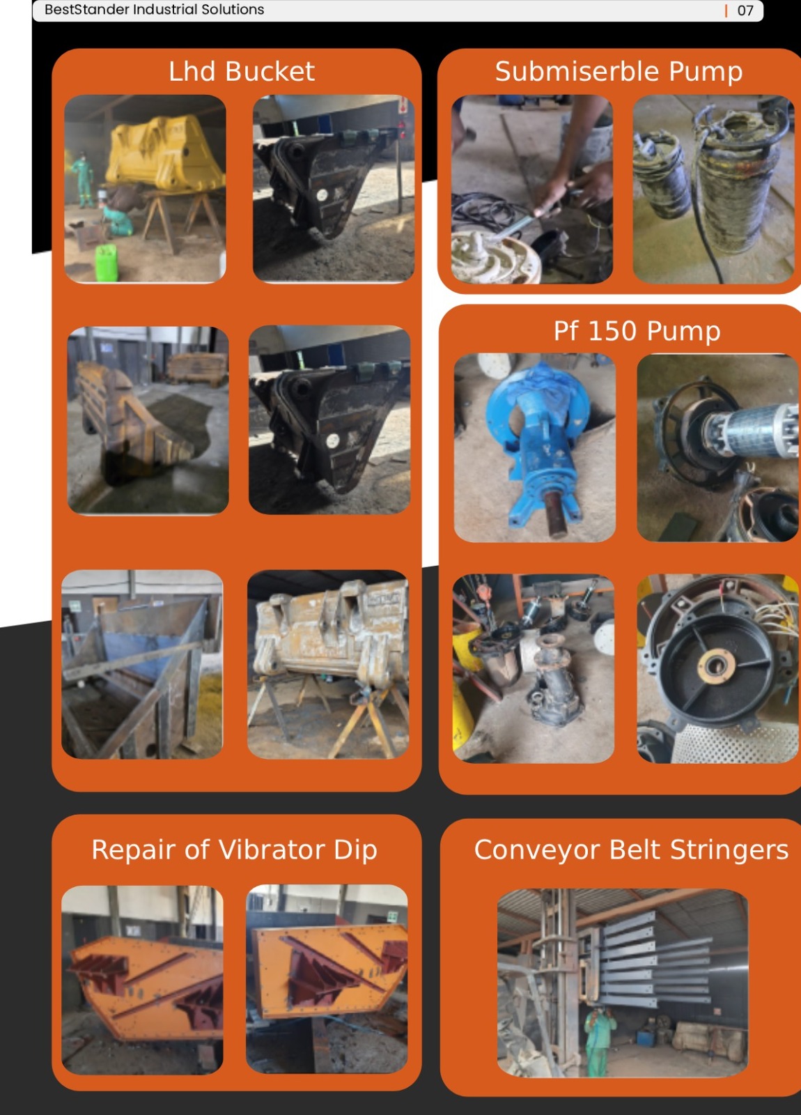BestStander repair projects including pumps, mining components and conveyor structures